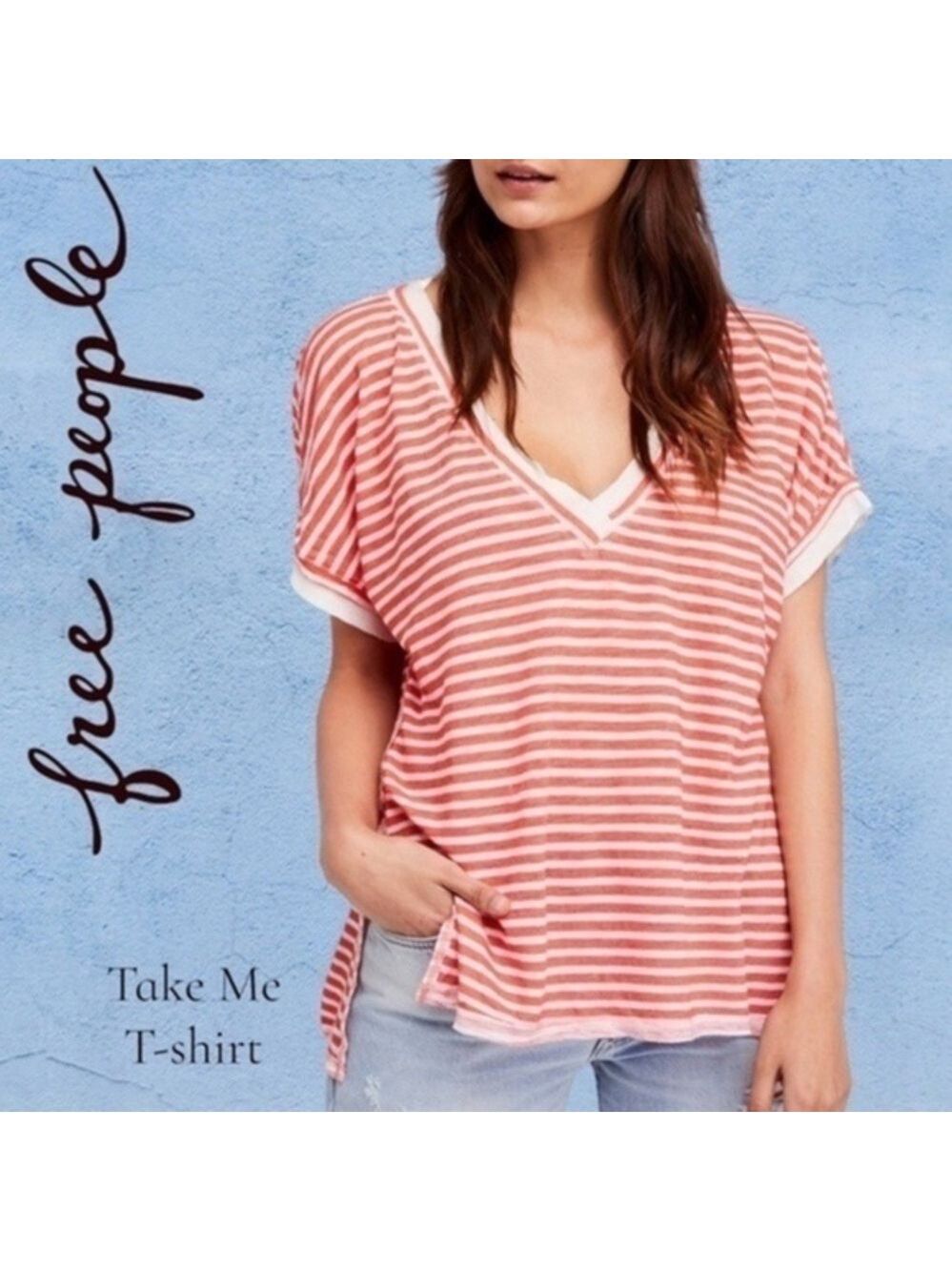 FREE PEOPLE Take Me Short Sleeve Hi-Lo Orange Stripe RELAXED Top NWT/SM